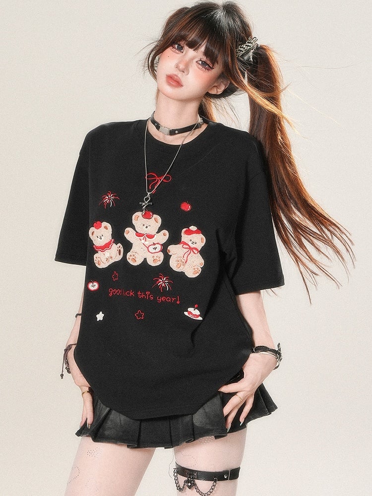 White/Black And Kawaii Daily Applique Bear Embroidery T-shirt Letter Firework