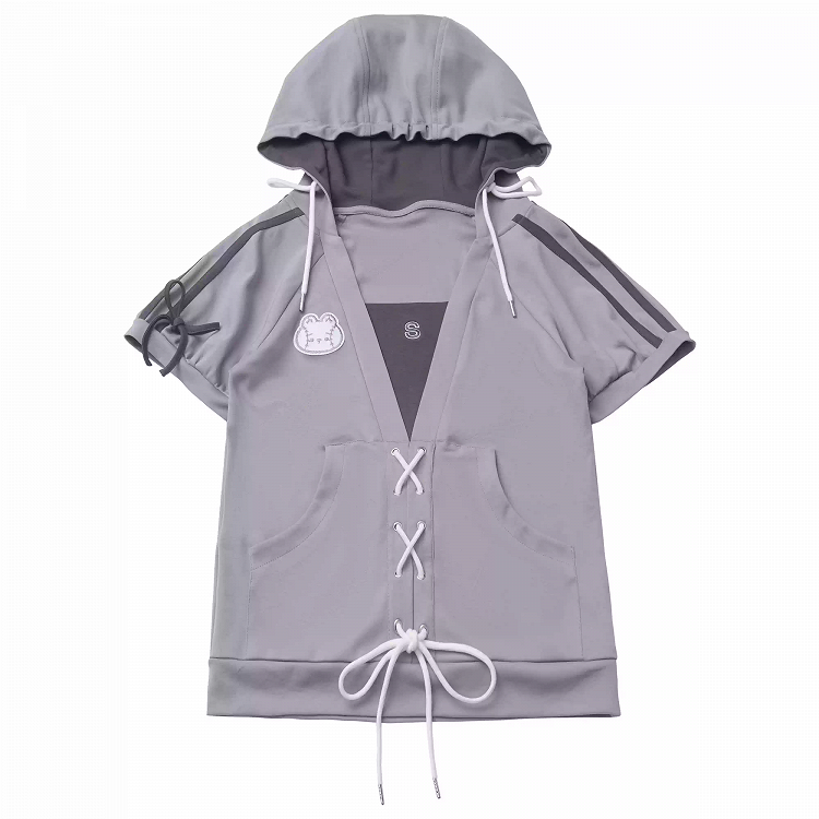 Grey Faux Two-pieces Hooded T-Shirt Lace-up Detail