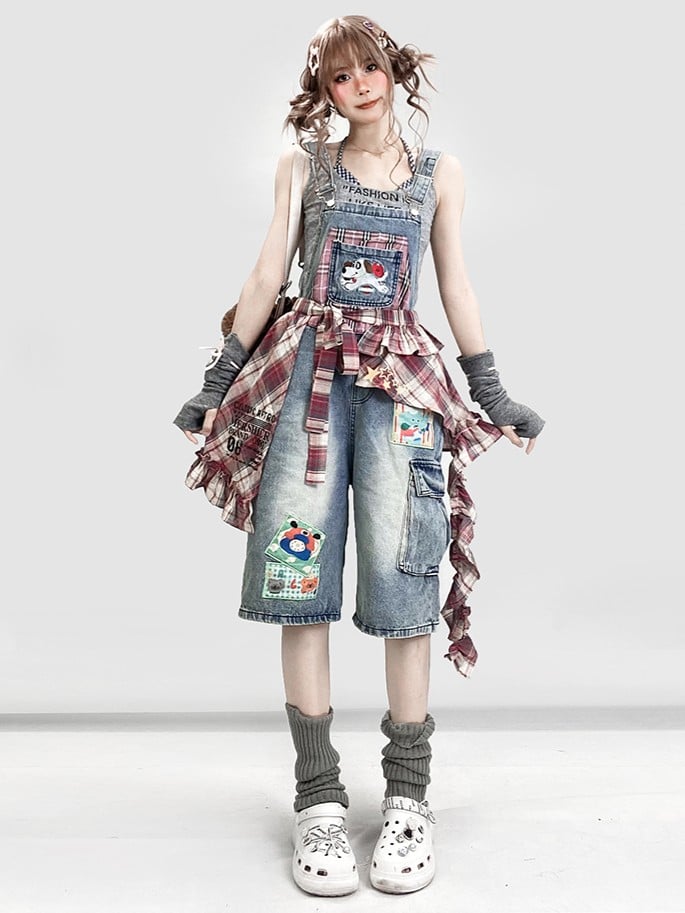 Pocket Jeans Puppy with Summer Waist Cute Accessory Plaid Overall