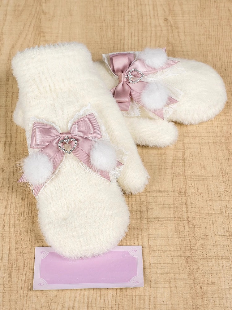Gants en tricot Jirai Kei blanc lait/blanc et rose/noir avec nœuds