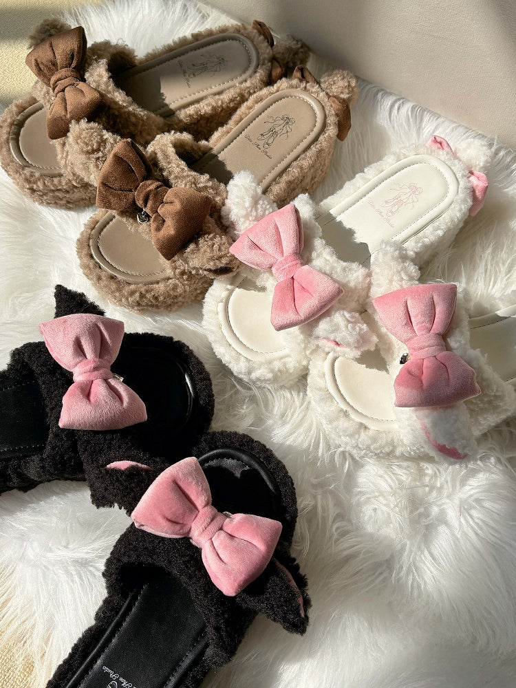 Brown Cute Bow Accents Lamb Ears Platform Winter Slipper