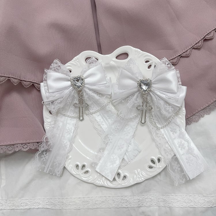 Charm Lace Bow Hairclips White/Pink/Dusty Cross Jirai Kei Pink/Black/Blue