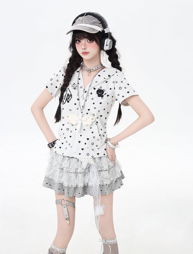 White/Black Y2K Star and Heart Print Zip-up Off Kitty Ears Hood Allover Jacket