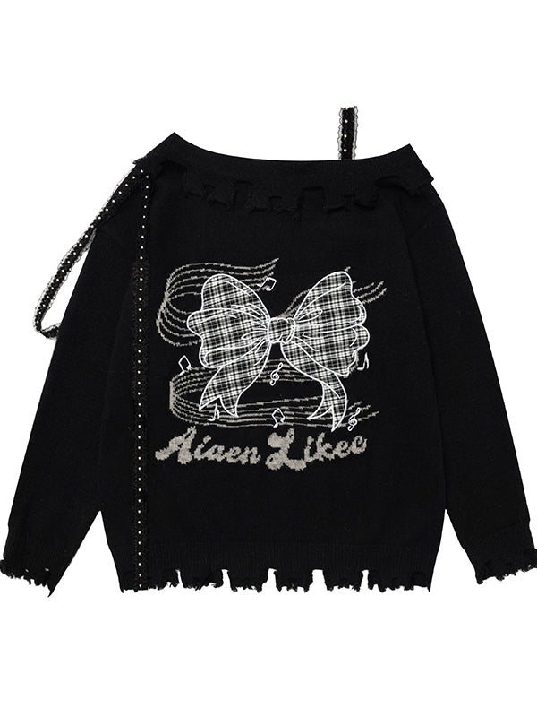 Rosa/Schwarz/Weiß Bowknot Applikation Asymmetrischer Ausschnitt Pullover Distressed Trim