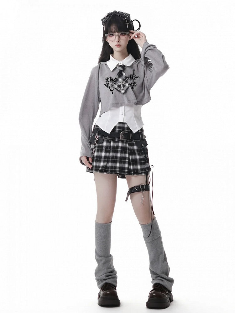 Y2K Lace-up Black Detail Plaid Skort with Buckle Belt and Chain White/ Khaki