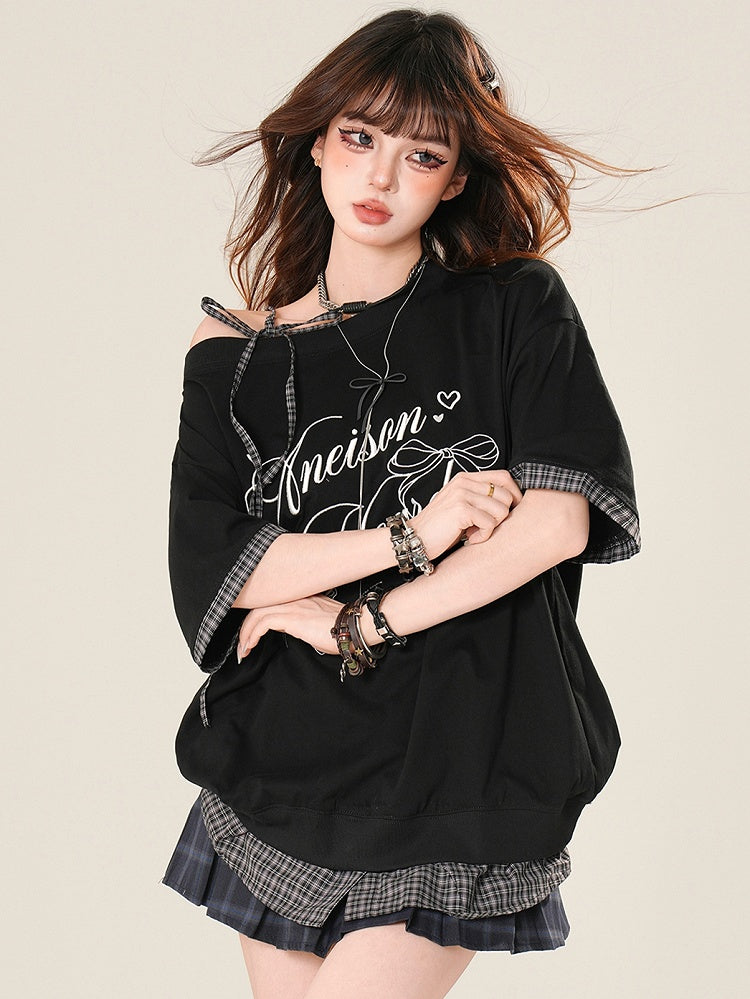 Pattern Strap Bittersweet Self-tie Plaid T-shirt Black Asymmetrical Neckline