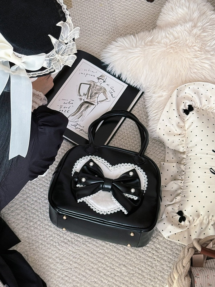 Decorated Sweet Black Hand Beaded Bag Plush Lolita Heart Bowknot
