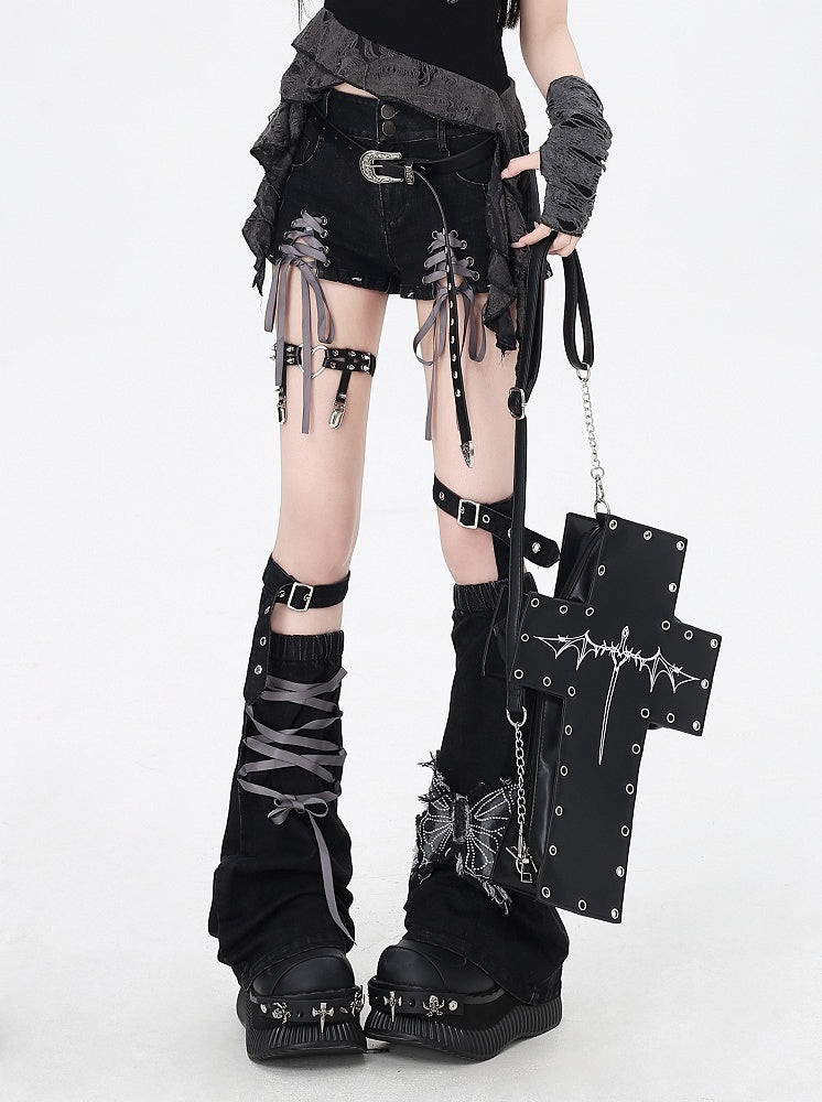 with Leg Hem Denim Shorts Lace-up Details Black Butterfly and Warmers Gray Applique