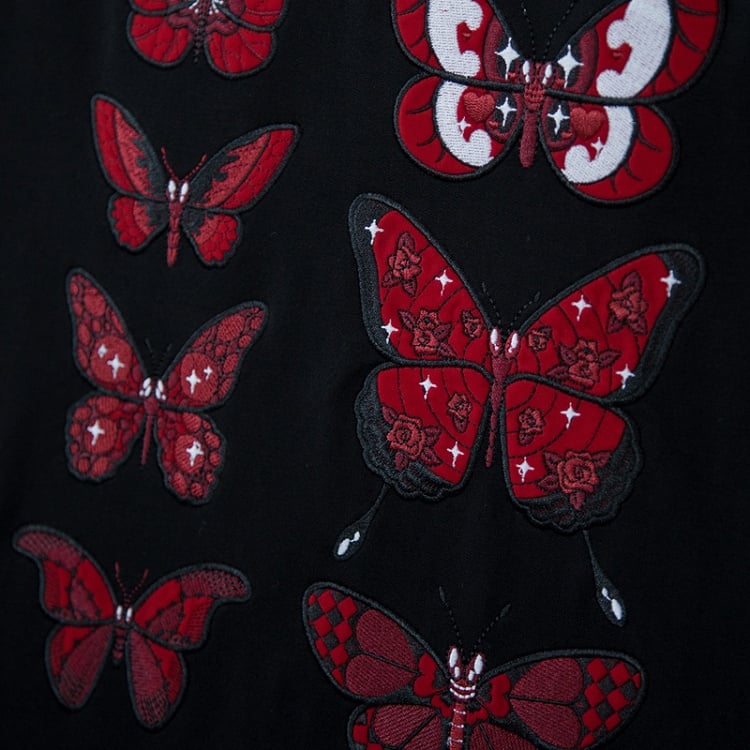 Flock Butterfly Dark Stickerei mit Loose Delicate Romance Gothic Red Hoodie Schwarz
