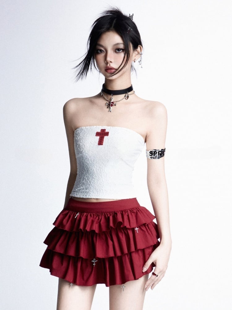 Strapless Top/Red Cross Tiered Skirt Gothic Red Cross Applique White Cropped Charms