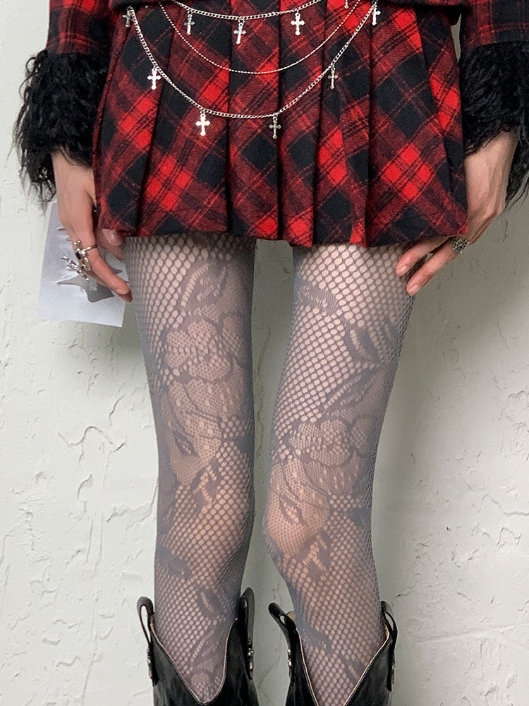 Grey Y2K Hollow-out Floral Pattern Tights