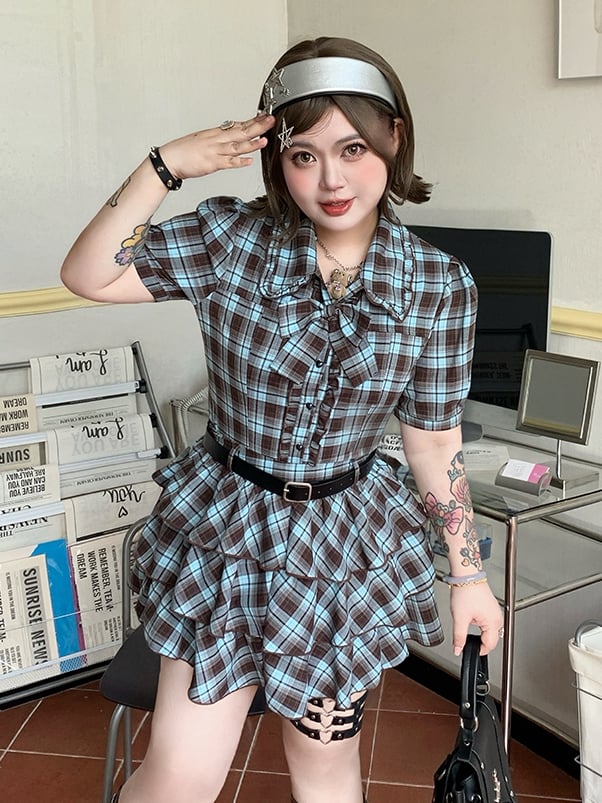 Plus Size Tiered Blue and Brown Plaid Blouse Preppy Style Sleeves Short Skirt /