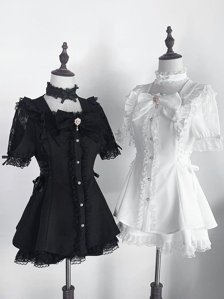 Jirai Kei Black Set: Cutout Shoulder Mini Dress with Lace-up Side Details and Skirt