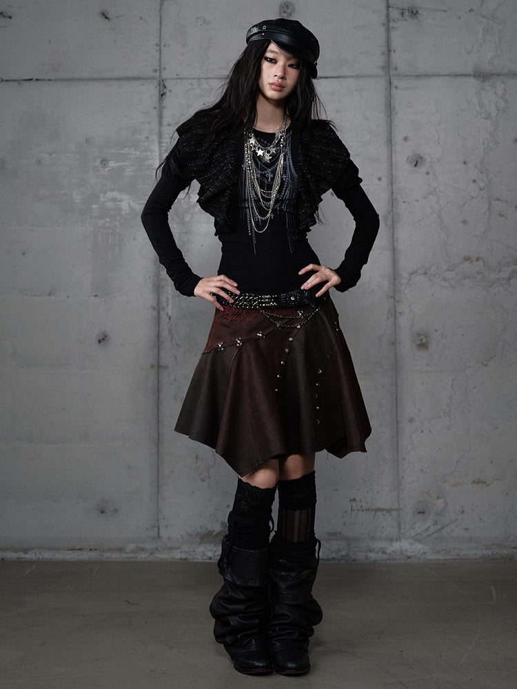 Asymmetrical Skirt Punk Reddish with Embroidery Wasteland Hem Brown Floral Suede