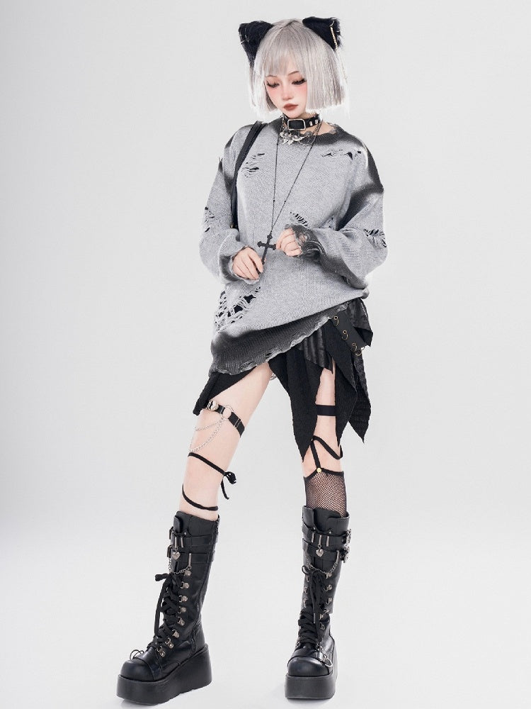 Y2K Black/Grey Butterfly Shaped Distressed Holes Round Neck Sweater