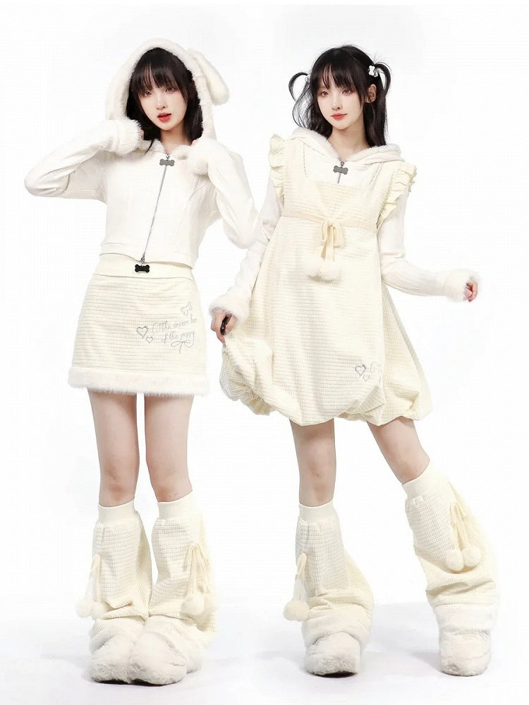 Cardigan Puppy Ears Hooded White Plush