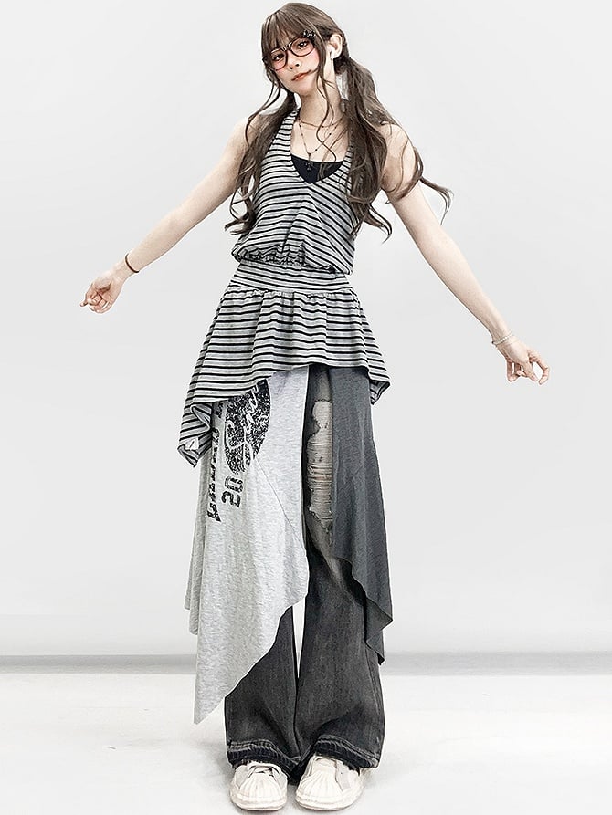 Shorts Hem Black Slit With Letter Asymmetrical Side Skirt Gray Print Glamorous