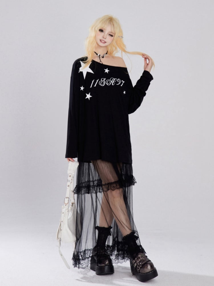Black Asymmetrical Neckline Letter Print Top Loose