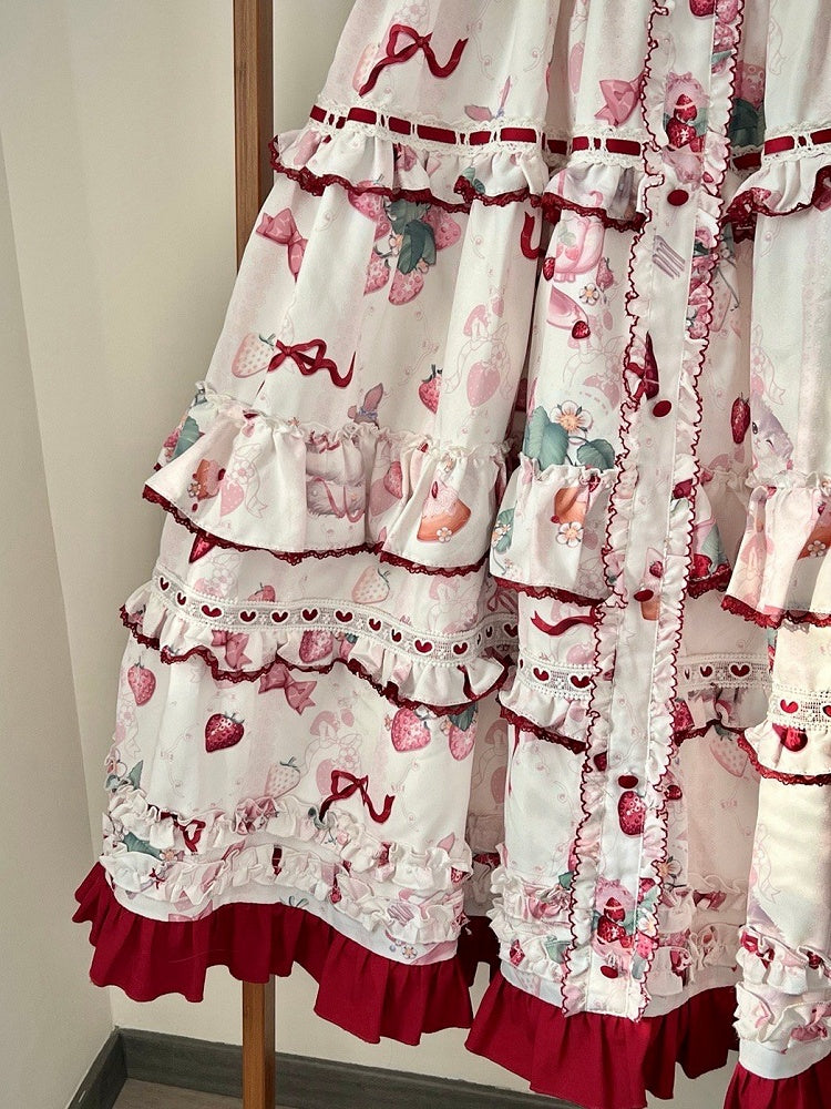 Kitty and Strawberry Print Spring and Summer Cottagecore Lolita Dress