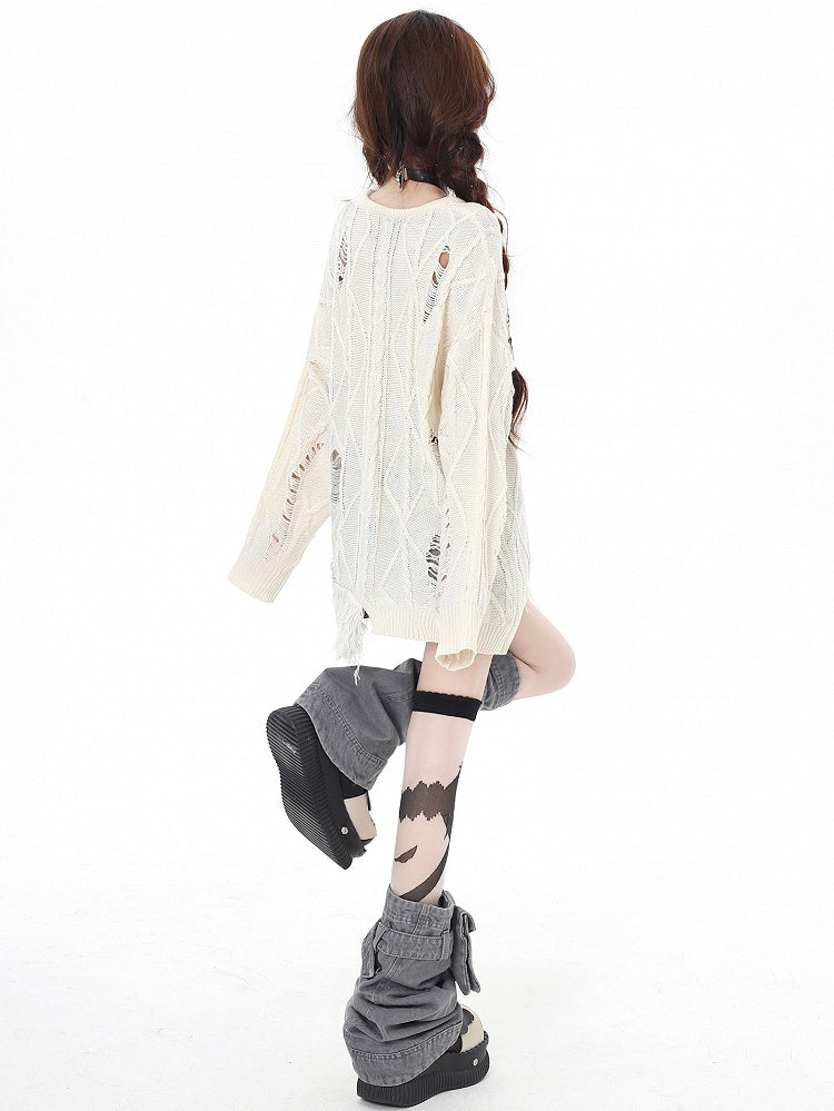 Apricot/Black Butterfly Pattern Distressed Holes V-neck Loose Knit Top