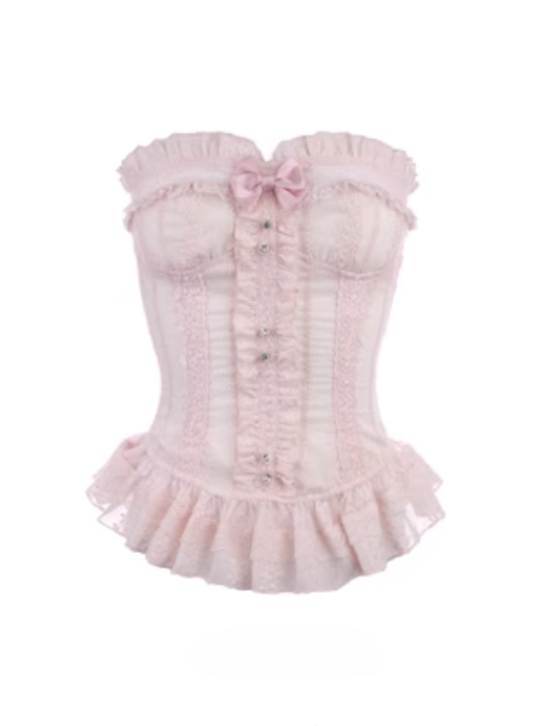 Ruffled Detachable Bow Lace Bustier Corset With Floral Embroidery Pink