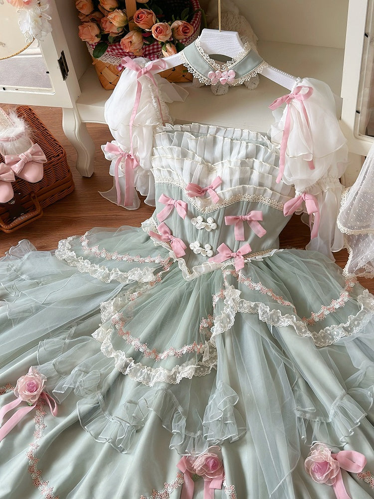 Grünes Baskenhemd mit floralen Schleifen und Hanayome-Lolita-OP / Komplettset