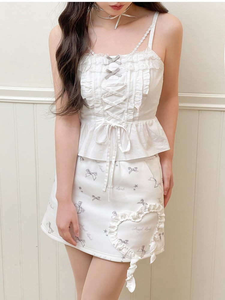 at White Ruffled Lace Trim Cami Top Details Lace-up Front with Bowknot Detail