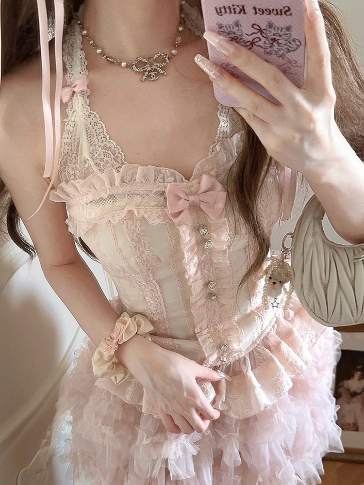 Ruffled Detachable Bow Lace Bustier Corset With Floral Embroidery Pink
