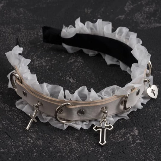 Weiße Gothic Kreuz Nieten Ring Schnalle Rüschen KC