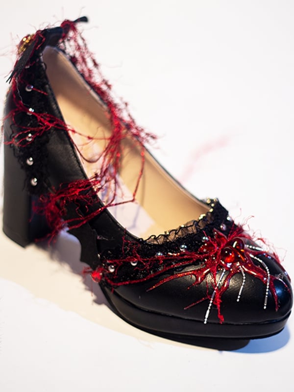 Decorated Heels BlueRed Lolita Block Spider Charm Design Shoes Beaded Gothic 5CM/8.5CM Heart