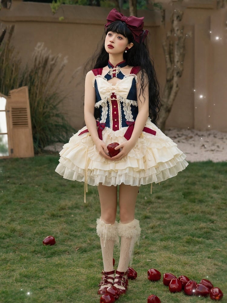 Dark Blue and Red Detachable Collar Qi Tiered Ruffles Jumper Skirt