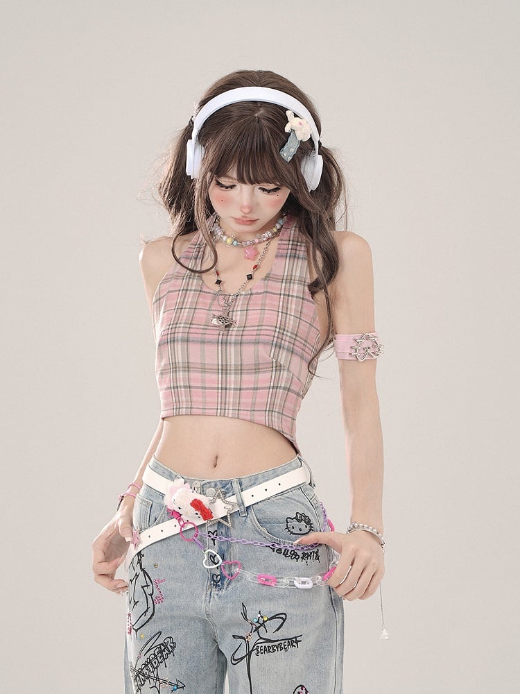 Halter Pink Plaid Delicate Top Crop Tank