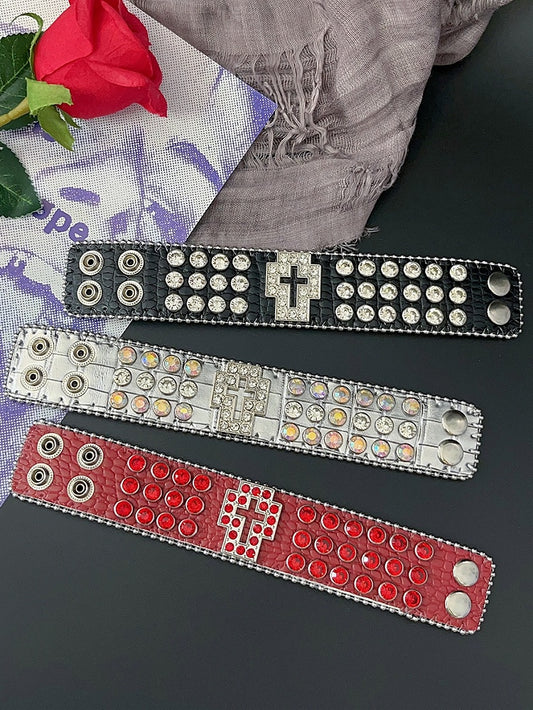 Red/Black/Silver Wristband Y2K Rhinestone Bracelet Decorated Cross Design