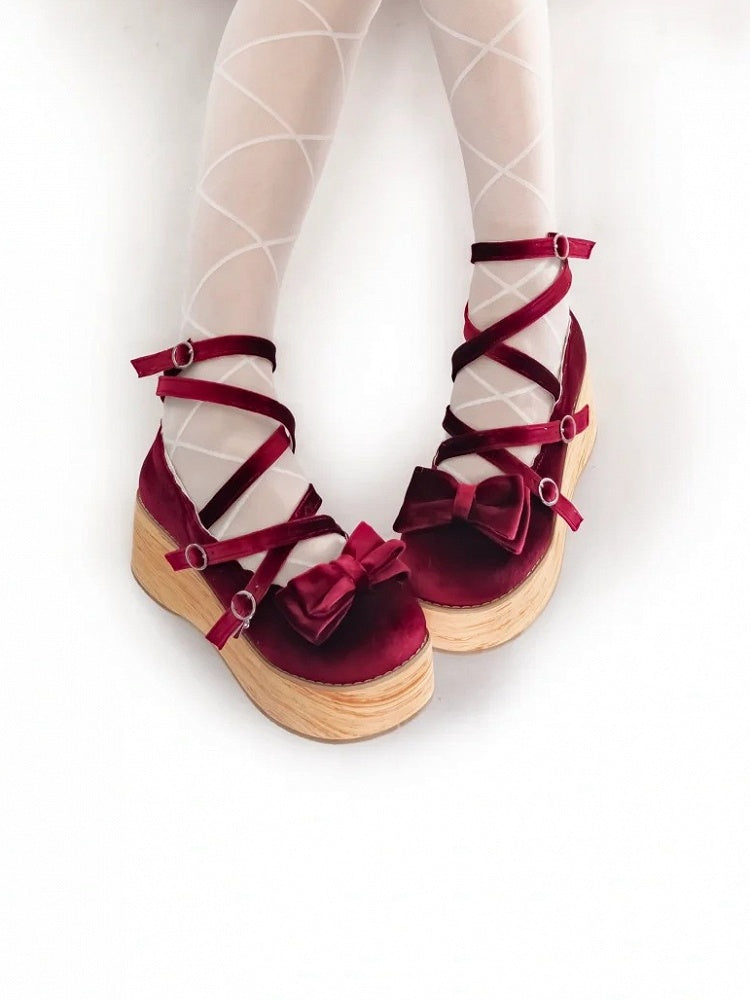 Straps Mary Crisscross - Platform Velvet Accents Lolita Bow Wine Sweet Red Janes