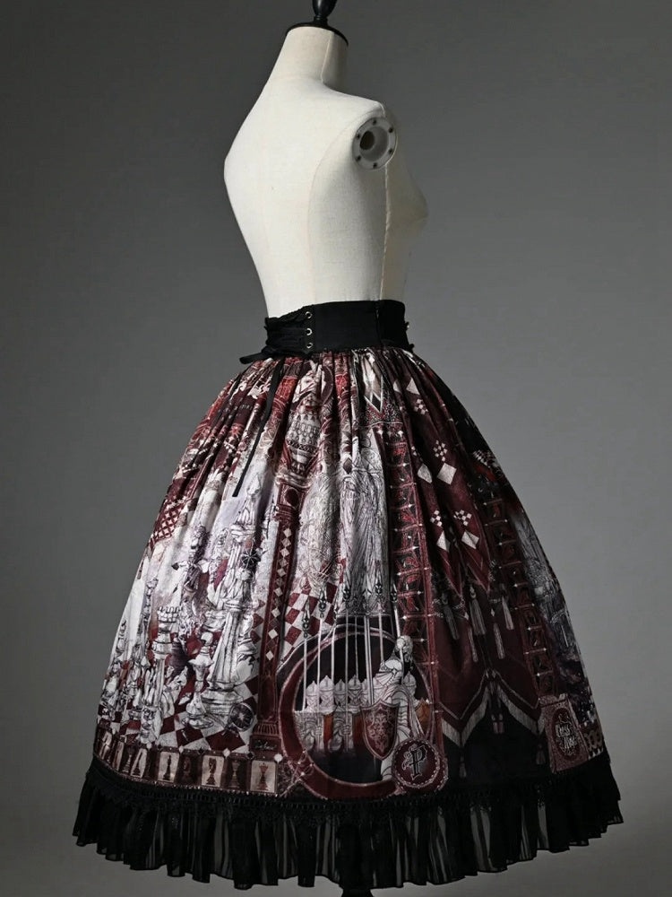 Waist Red Corset Chess Skirt Belt Print Theme Lolita
