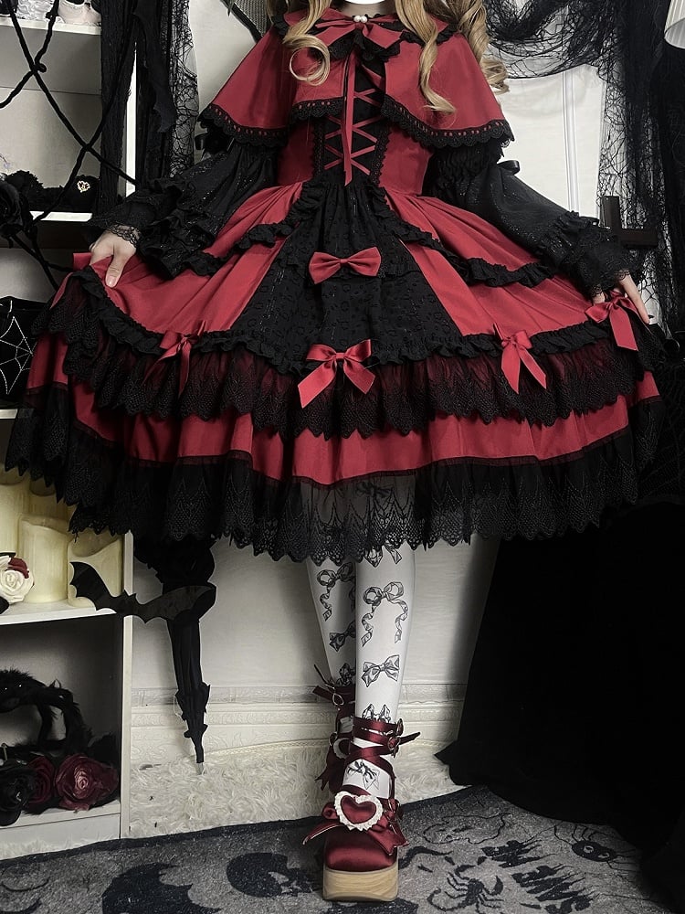 赤と黒のオールドスクールロリータファッションドレス蝶結びJSKセット