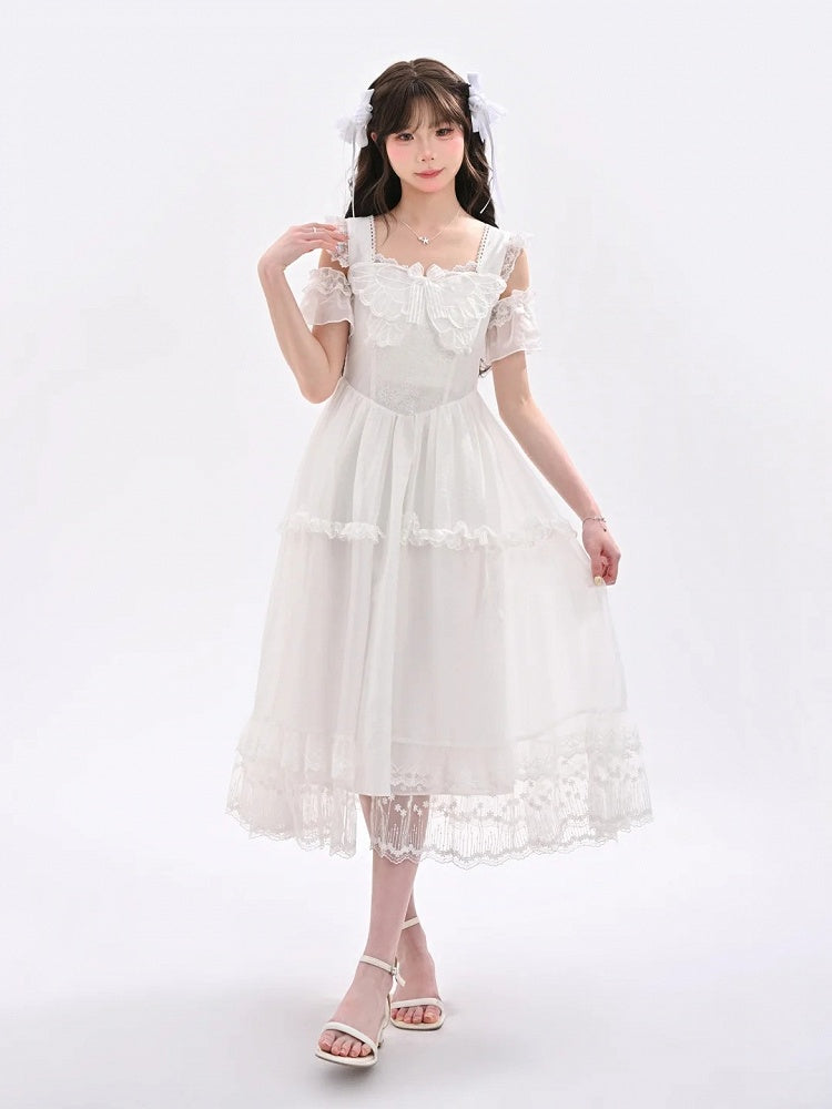 Mesh Overlay Detail with Sweet Dress White Flutter Sleeves Butterfly Neckline