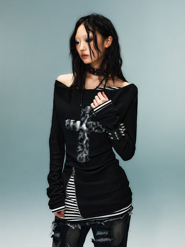 Mit zweiteiligem Strickdetail Leopard Faux Punk Reißverschluss Patch Schwarzes Top Kreuz
