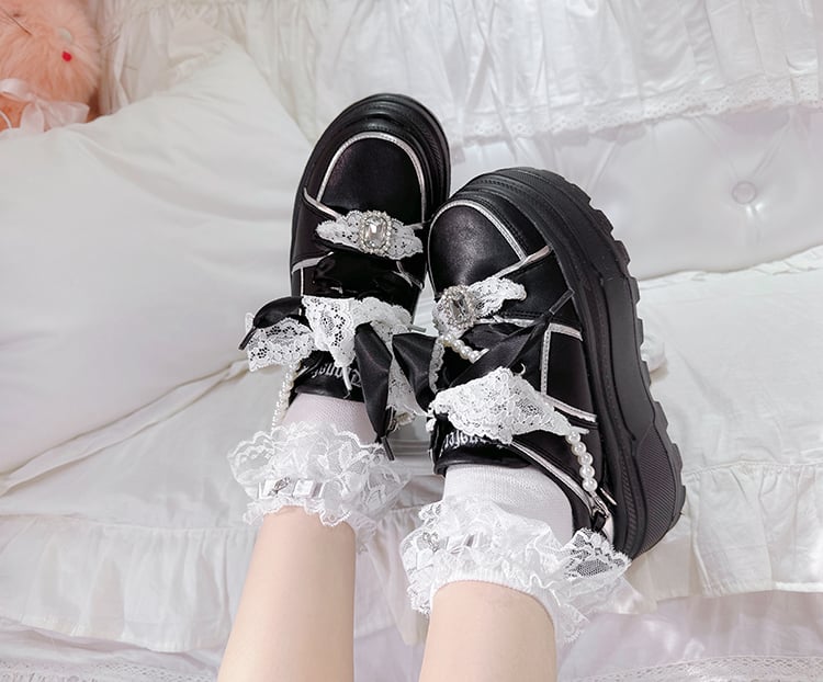 Jirai Kei Black Rhinestone Platform Shoes with Detachable Beaded Chain