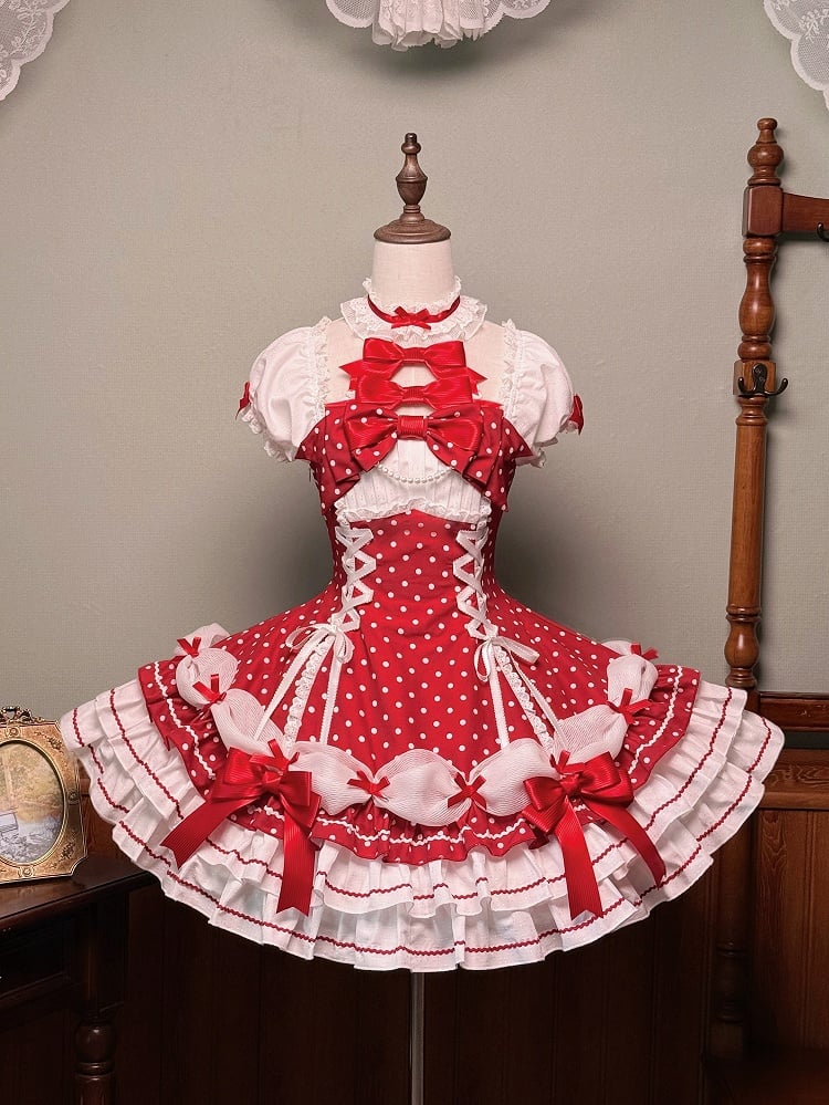 und Puffkleid mit gepunkteten Ärmeln, Schul-Polka-Lolita-Ausschnitt mit altroten Akzenten, Neckholder-Schleife