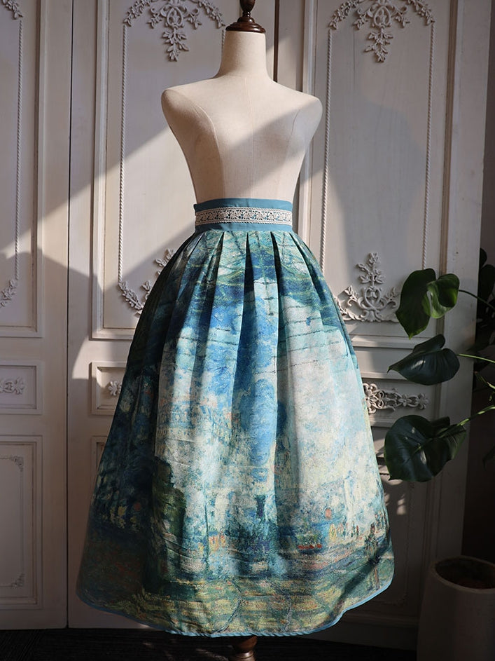 Saint-Lazare Oil Painting Print Green Waist Skirt Version Gare Long/Short High