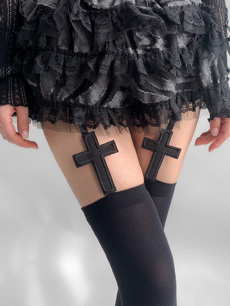Suspender Applique Cross Stockings Black