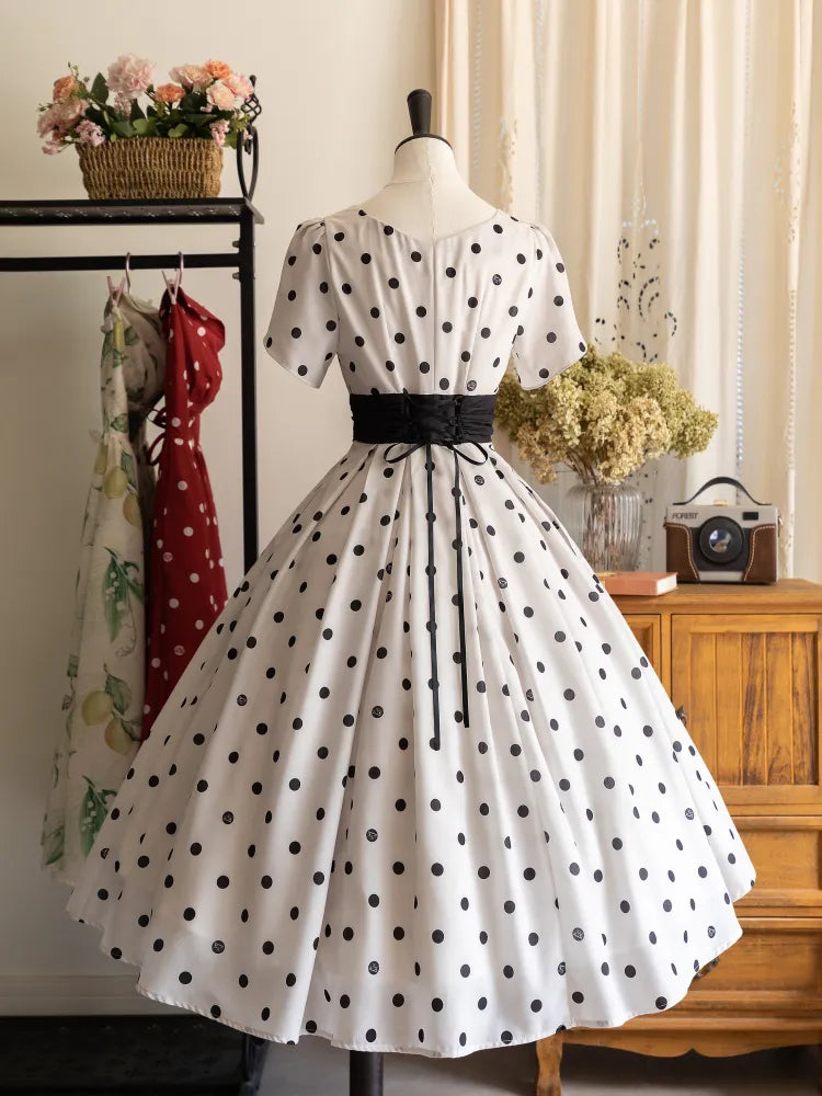and Neckline Polka Dots Square Petal Dress Sleeves Black White Pattern