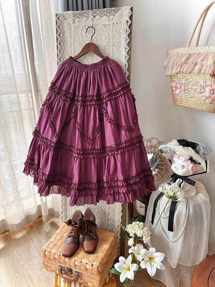 Elastic Waist Skirt Ruffled Purple Dark Under 82cm