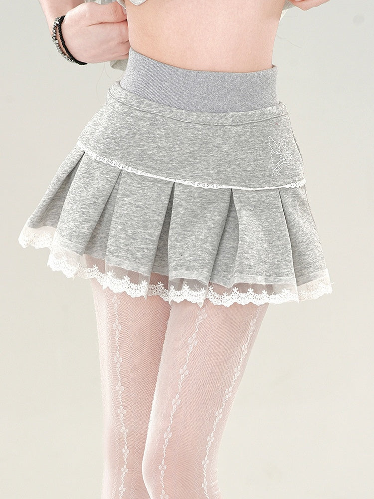 Lace Skirt Mini Box Grey Trim Pleat