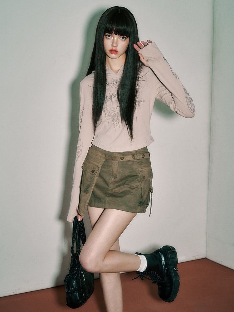 パンクロッククロススパイダーウェブキャメルサンプロテクションフード付きトップ