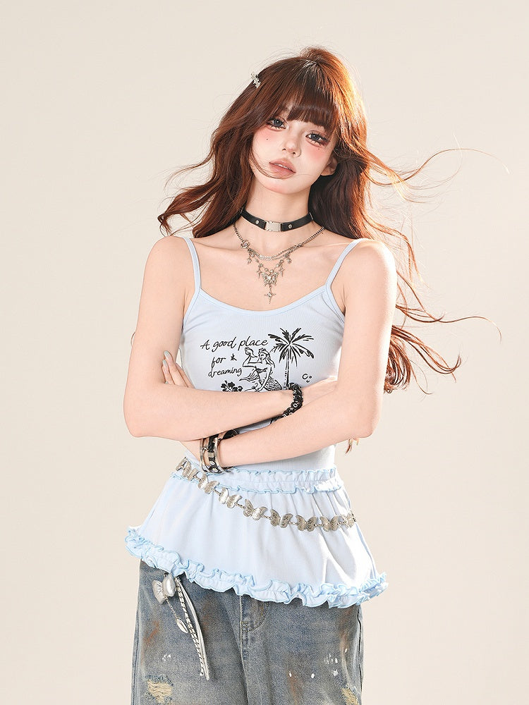Mermaid Print Ruffle Trim Cami Top Yellow/Blue