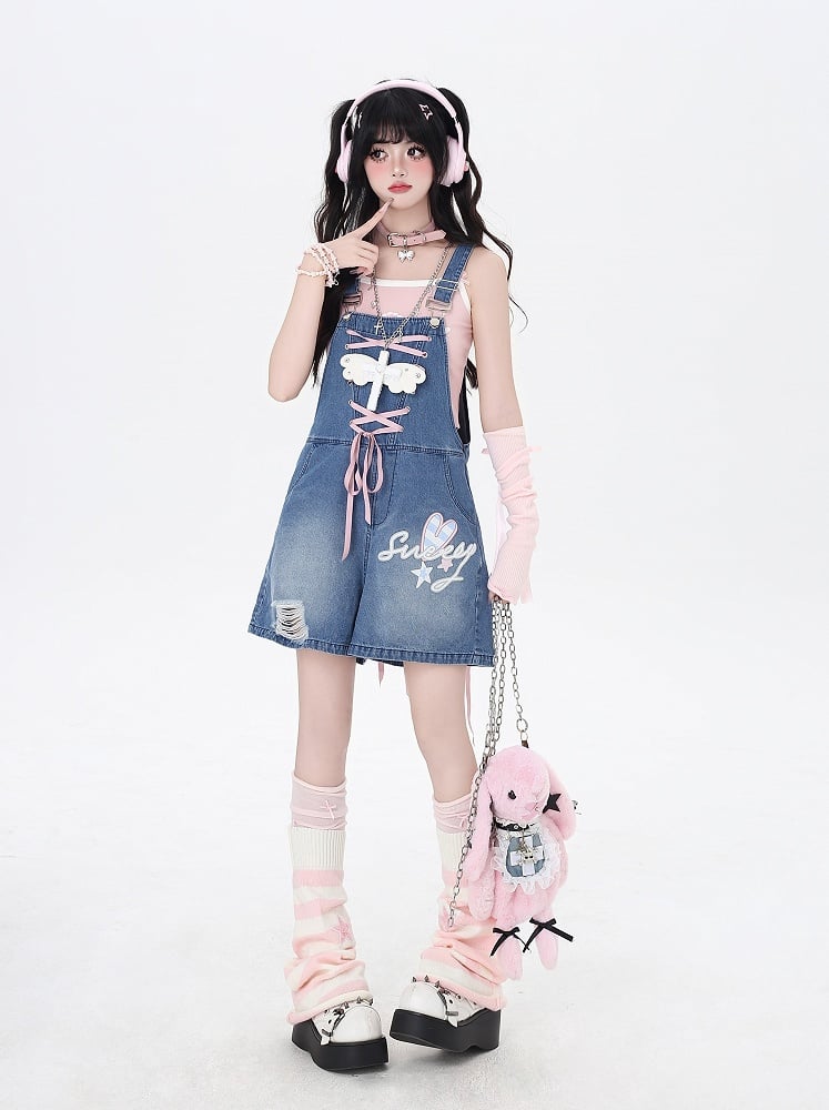 Blue Denim Overall Shorts Bunny Ears Design Back Adorable Lace-up