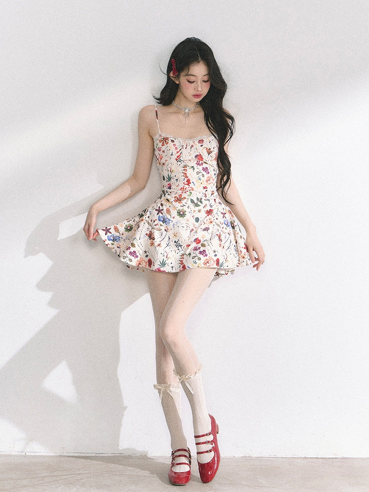 Beige Floral Print Holiday Cami Dress Long/Short Version