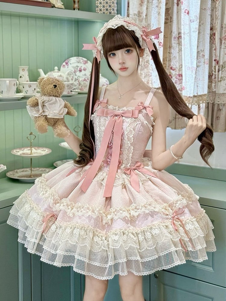 Dress Skirt Decorated Sweet Jumper Lolita Balletcore Pink Bowknots